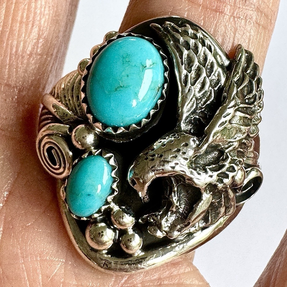 Navajo Eagle Mens Ring Turquoise Sz 11.5 Signed‎ DM Sterling Native American USA